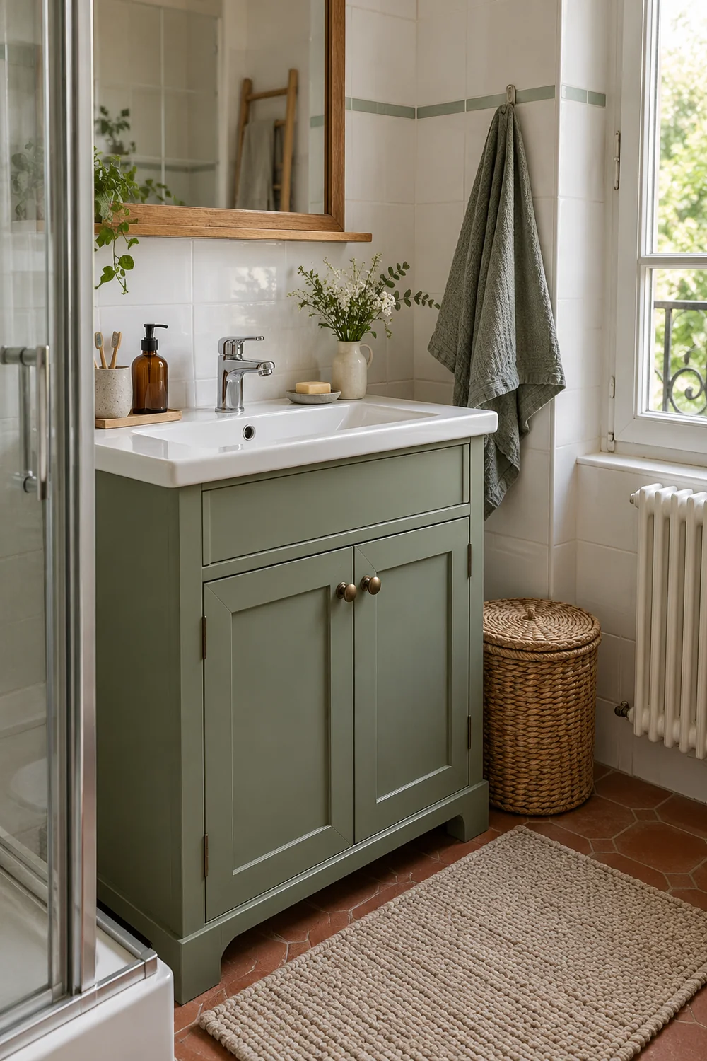 Meuble sous vasque repeint en vert sauge dans une salle de bains