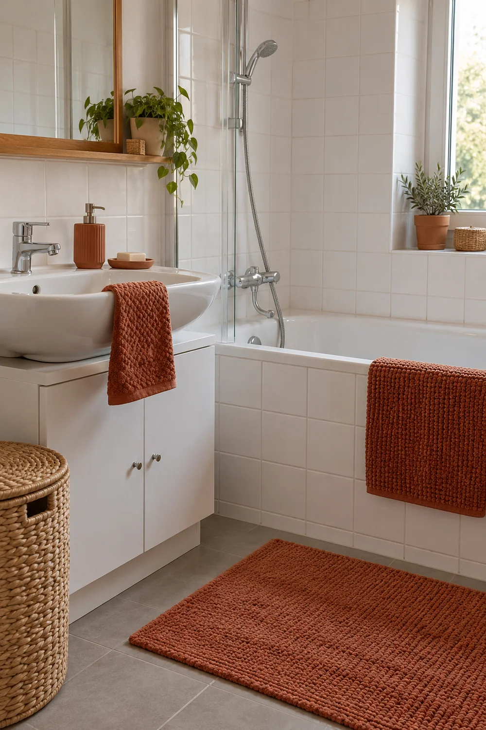 Accessoires terracotta assortis dans une salle de bains simple
