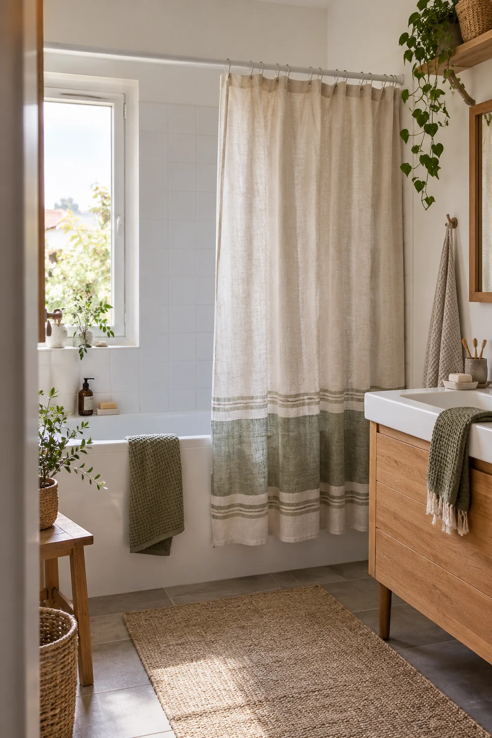Rideau de douche clair sur une baignoire blanche conservée