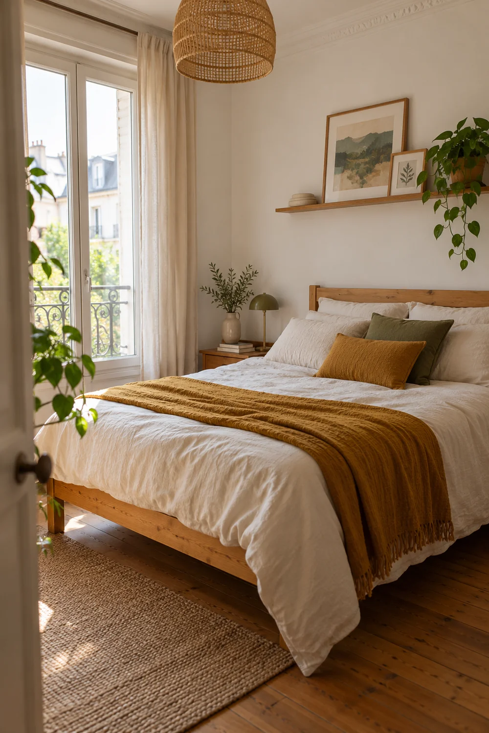Lit existant rafraîchi avec linge de lit blanc et plaid ocre
