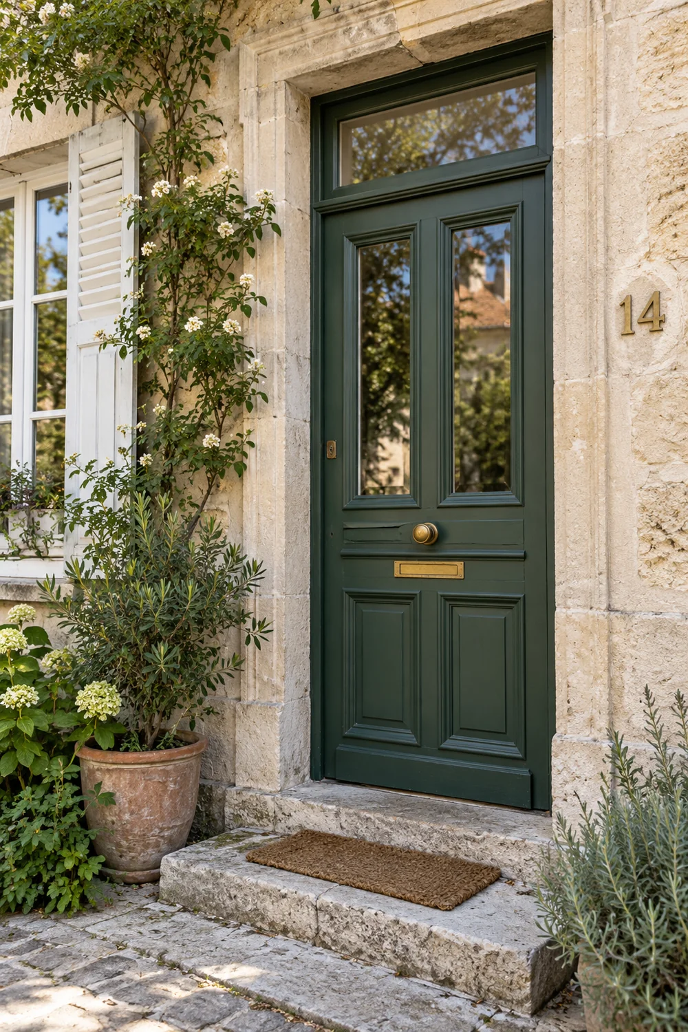 Porte d’entrée repeinte en vert profond sur une façade en pierre