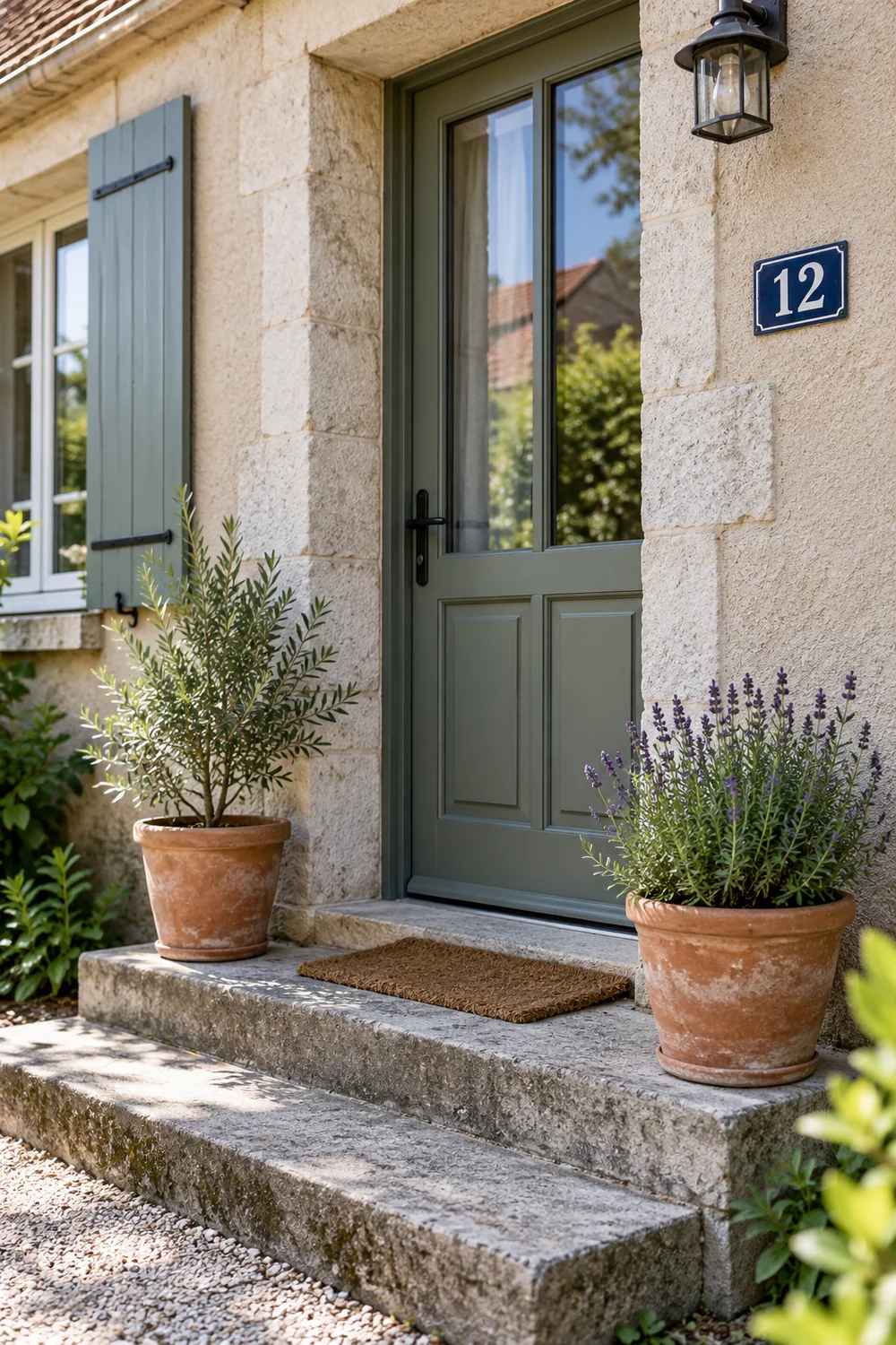 Pots en terre cuite et numéro de maison près de la porte
