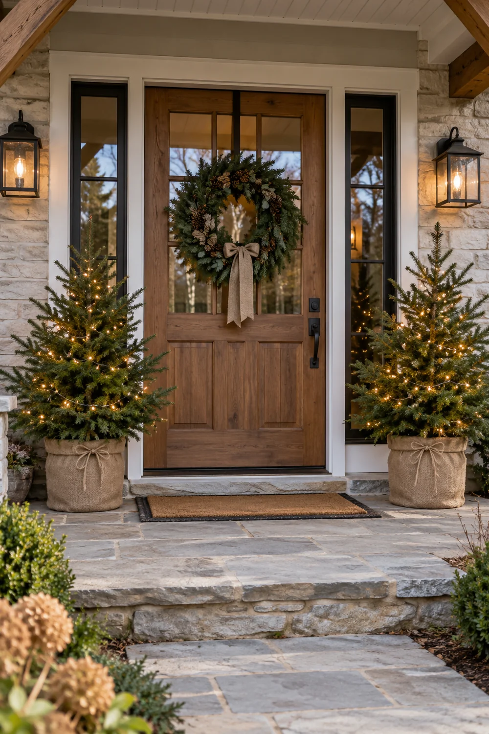 Placer deux petits sapins de part et d’autre de l’entrée