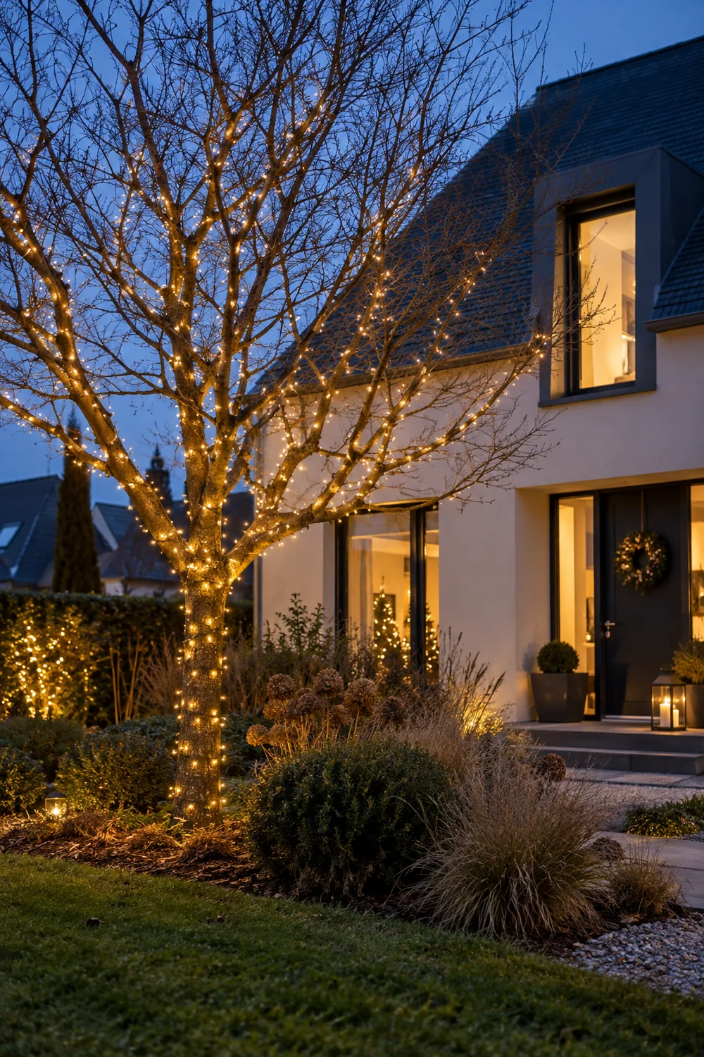 Enrouler des lumières autour d’un arbre du jardin