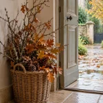Porte d’entrée décorée de branches, feuilles et pommes de pin ramassées, dans un panier en osier