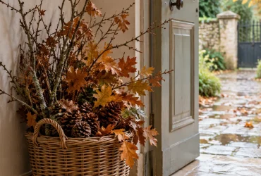 Porte d’entrée décorée de branches, feuilles et pommes de pin ramassées, dans un panier en osier