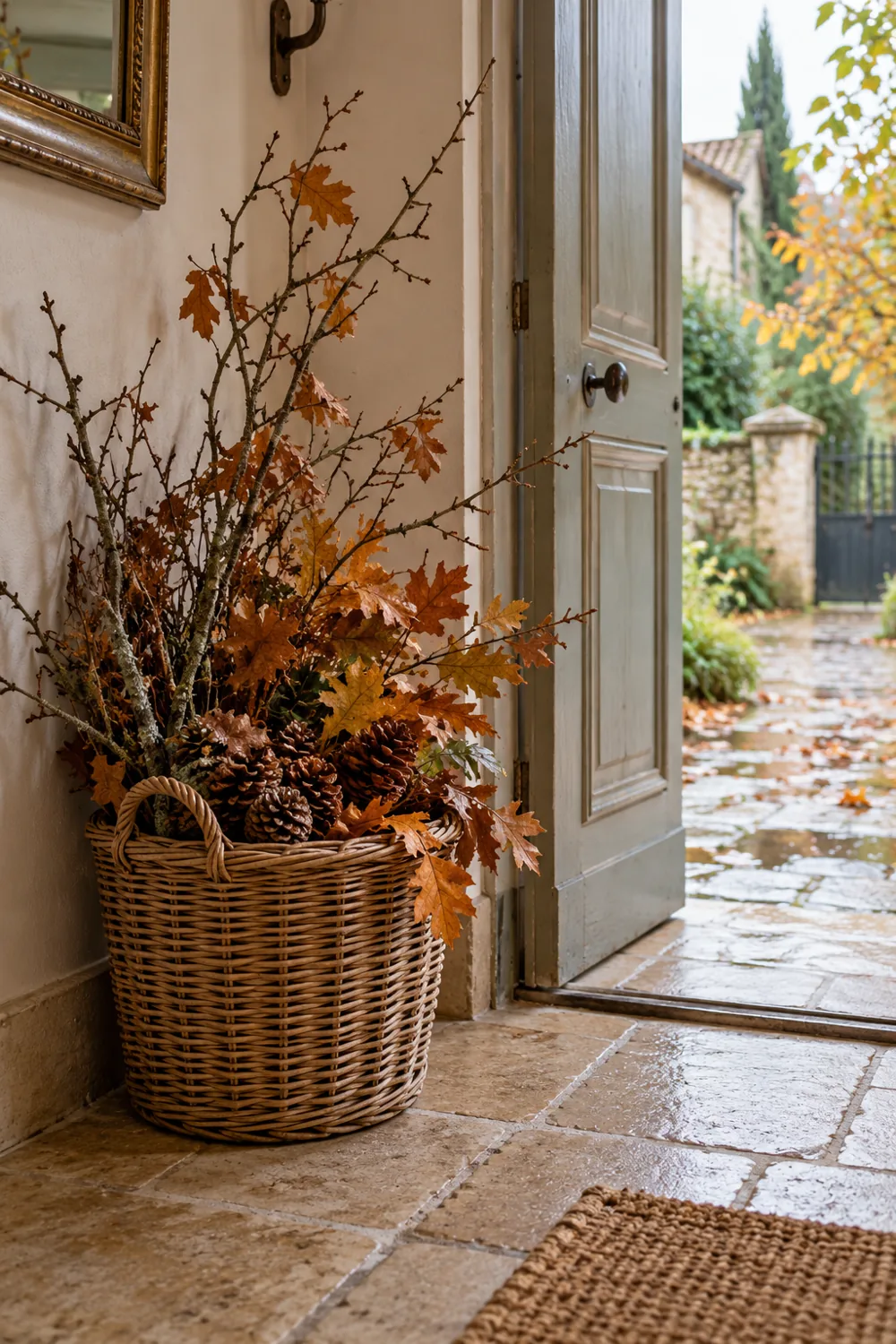 Porte d’entrée décorée de branches, feuilles et pommes de pin ramassées, dans un panier en osier