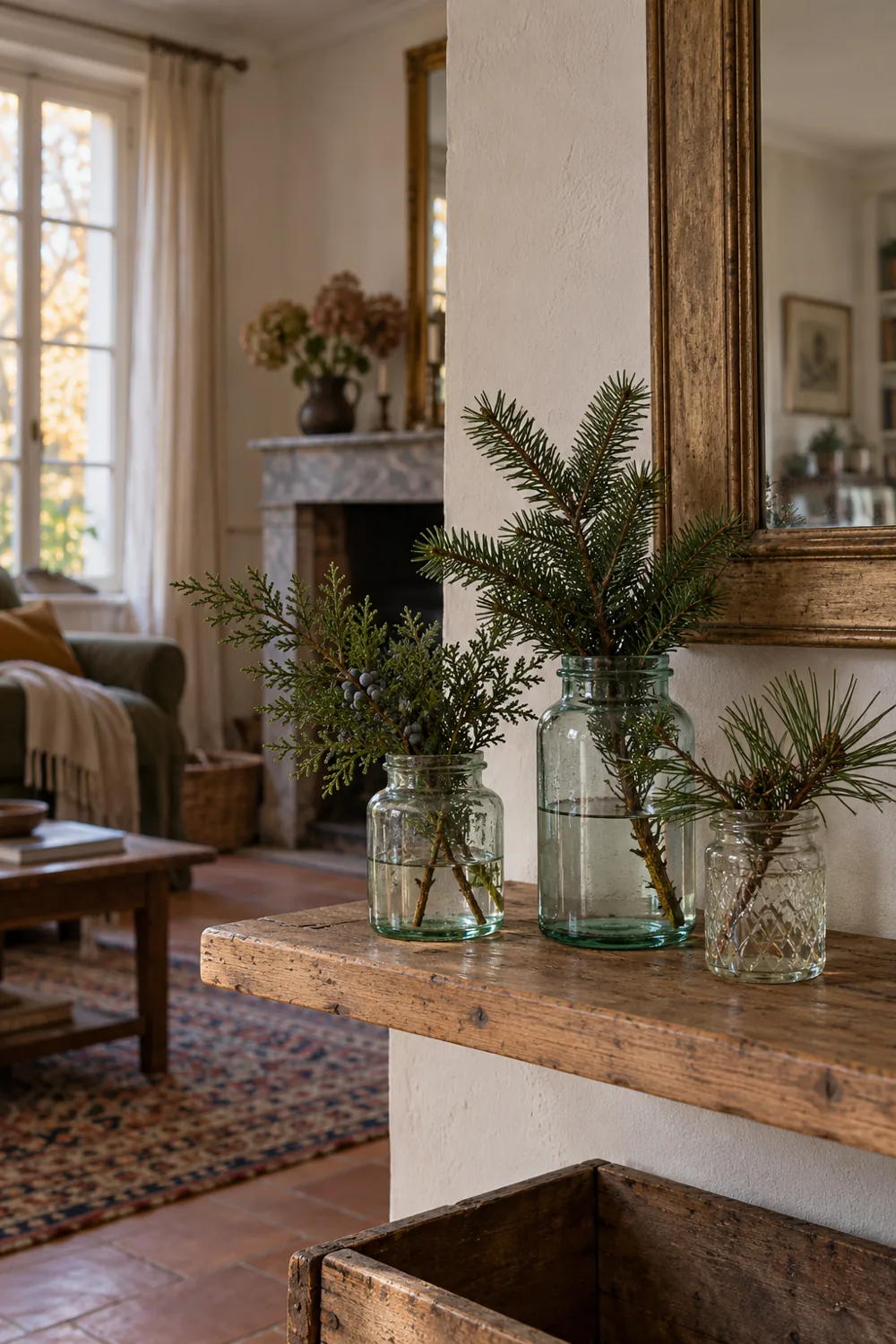 Branches de conifère présentées dans des bocaux en verre réutilisés sur une étagère