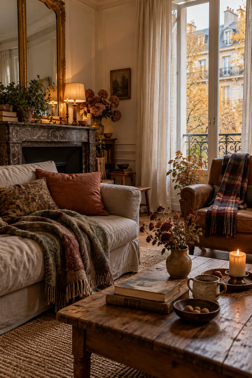 Salon chaleureux avec plaid et foulard à carreaux déjà présents dans la maison