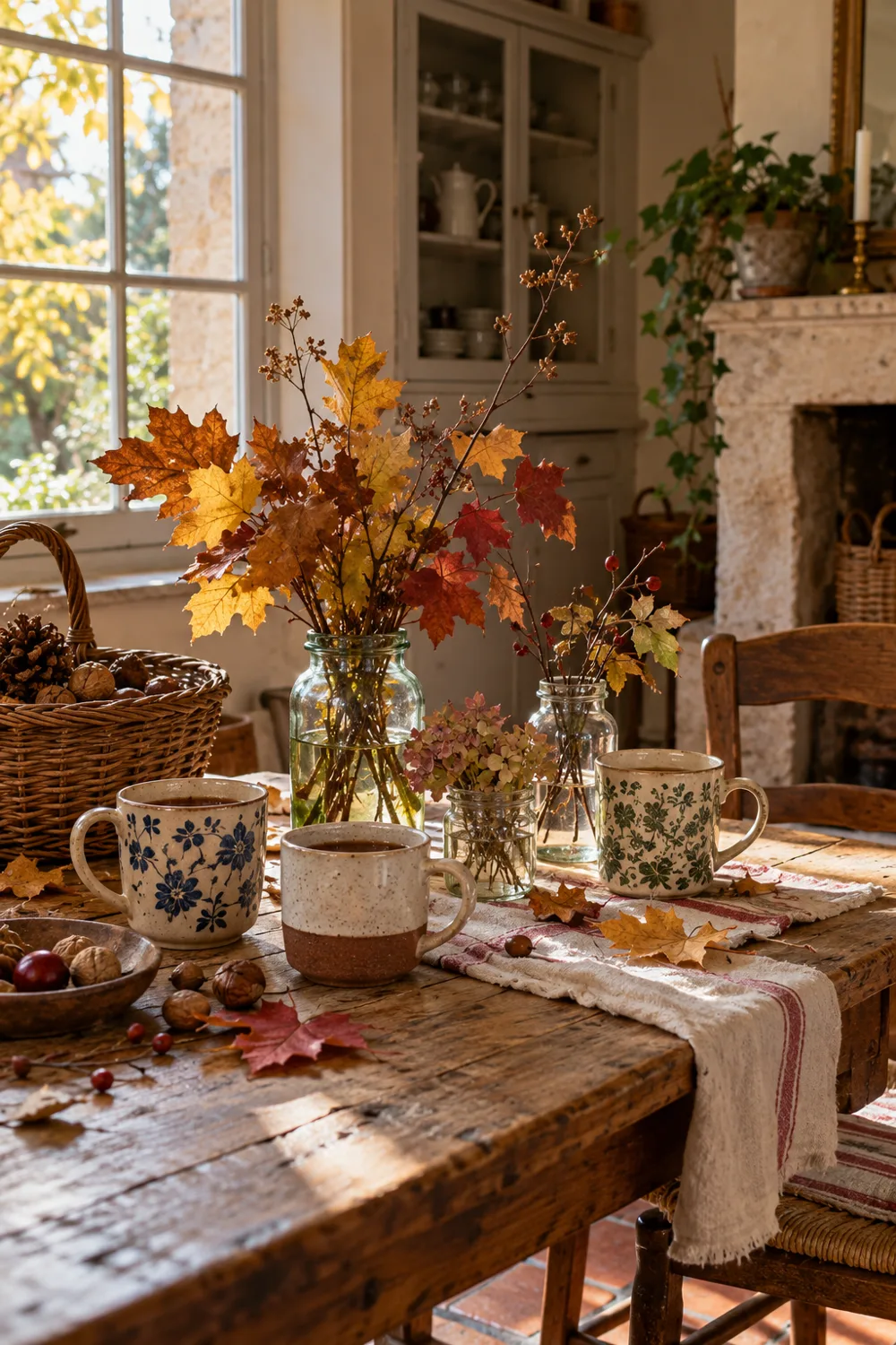 Bocaux et tasses réutilisés avec feuillages d’automne sur une table