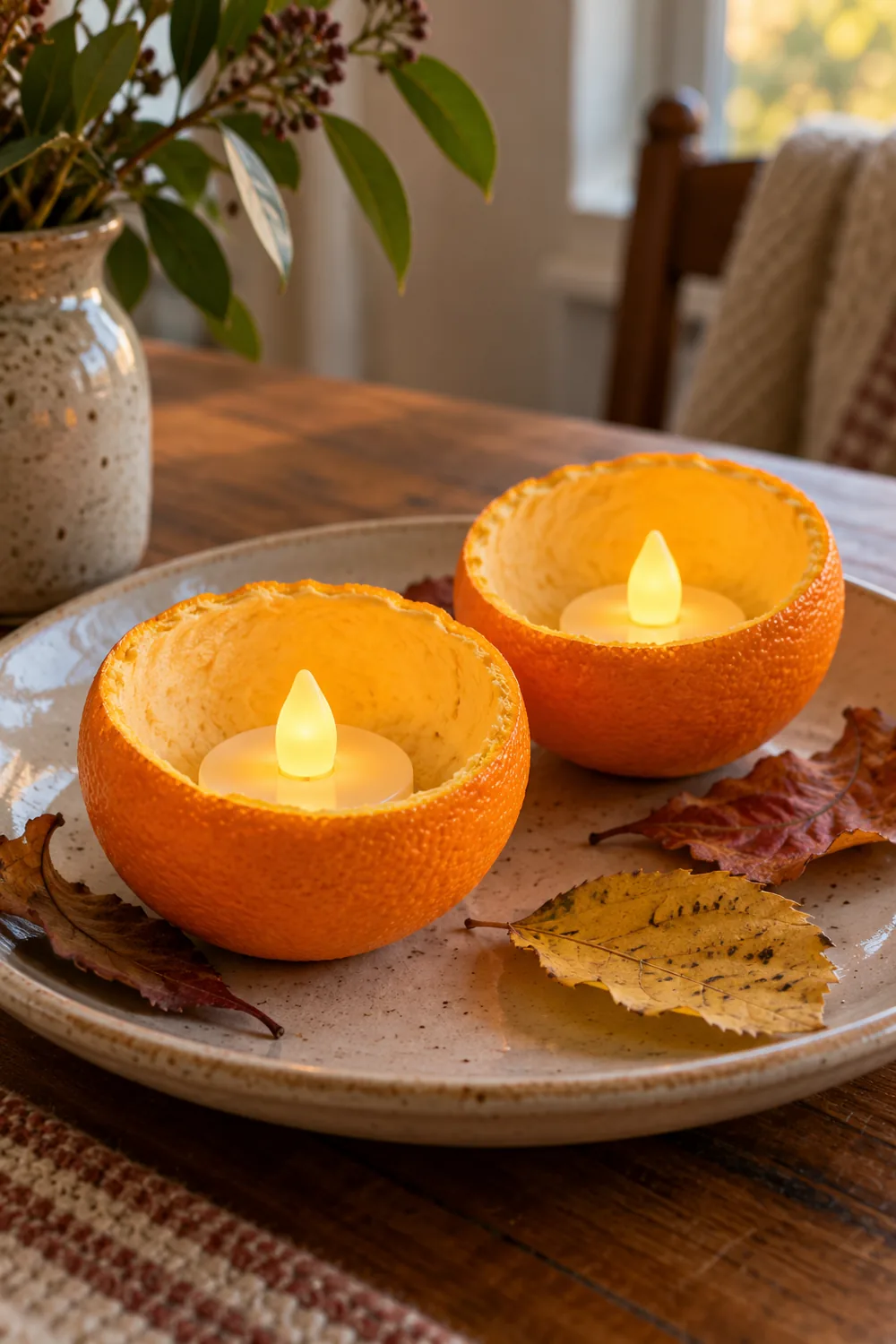Écorces d’orange évidées contenant des bougies LED sur une assiette
