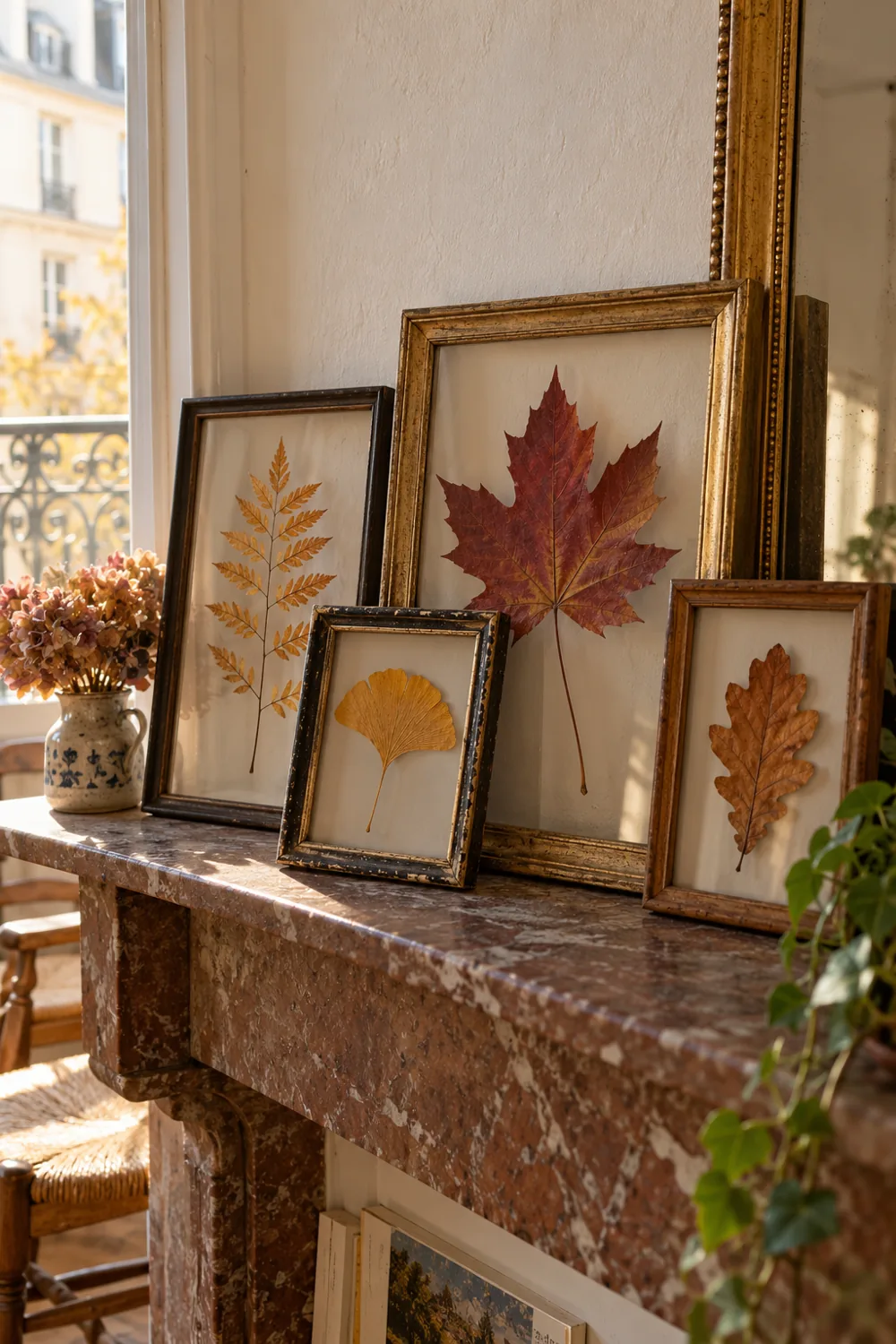 Feuilles d’automne pressées présentées dans des cadres déjà possédés