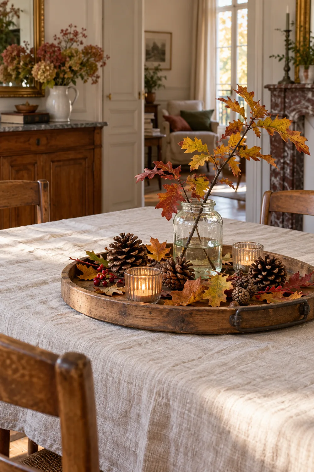 Centre de table d’automne avec pommes de pin et feuilles ramassées sur un plateau en bois