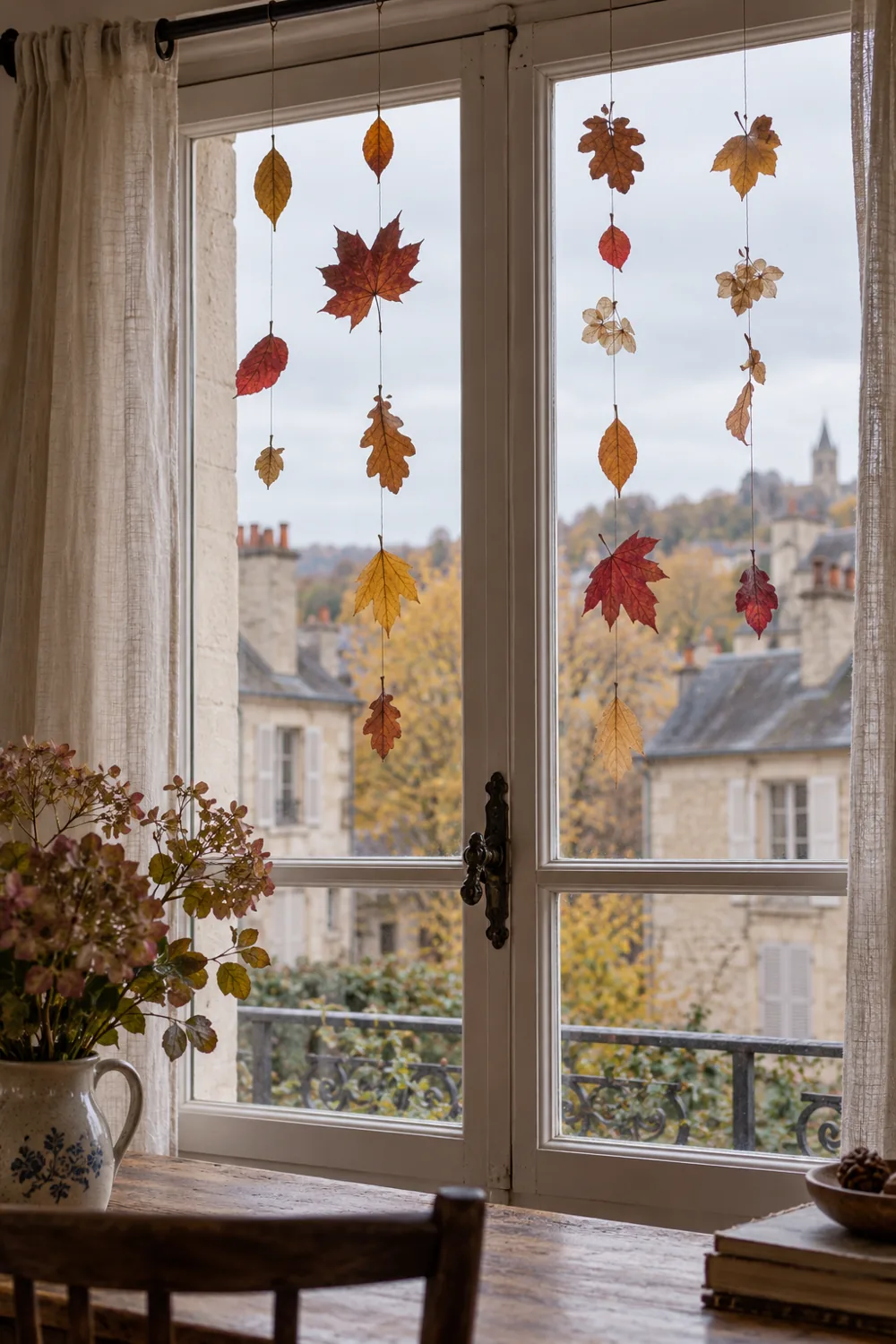 Feuilles d’automne séchées suspendues devant une fenêtre avec du fil récupéré