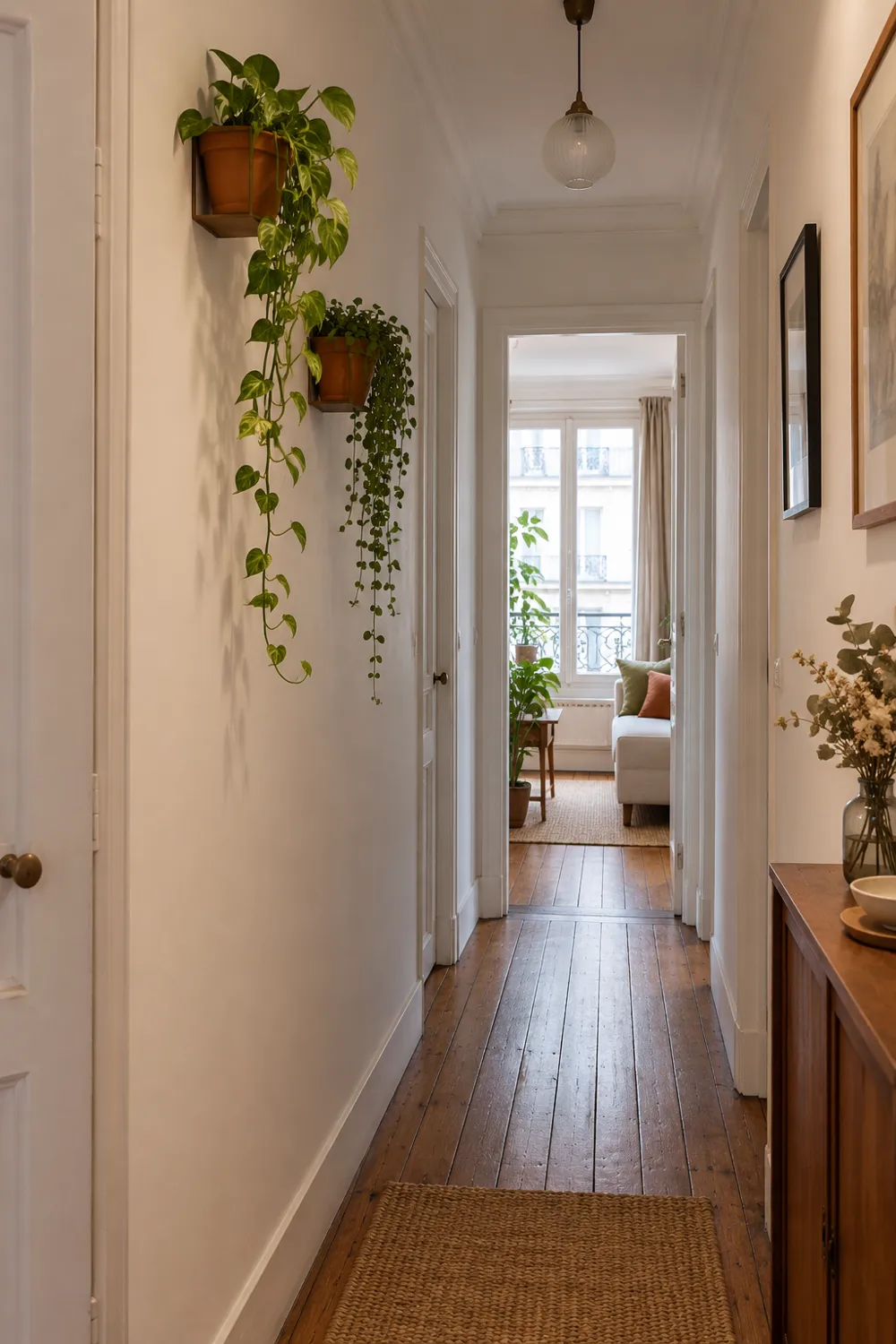 Petites plantes murales installées en hauteur dans un couloir étroit