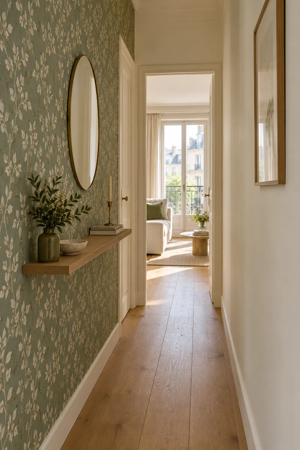 Papier peint botanique vert sauge sur un mur de couloir étroit