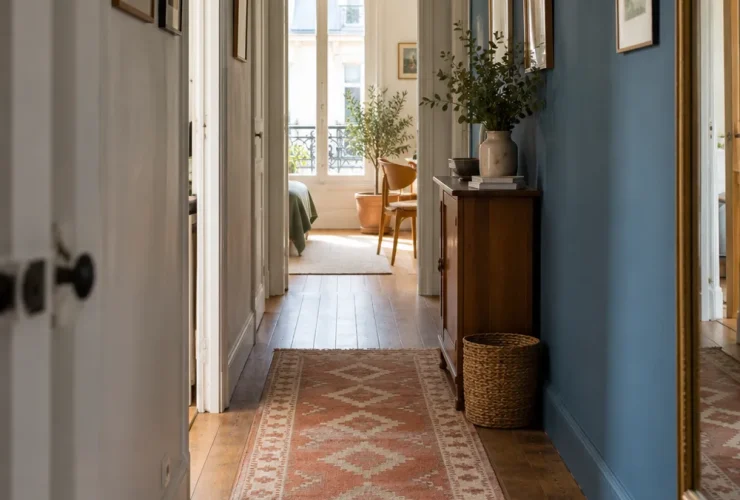 Tapis géométrique terracotta dans un couloir étroit bleu et blanc