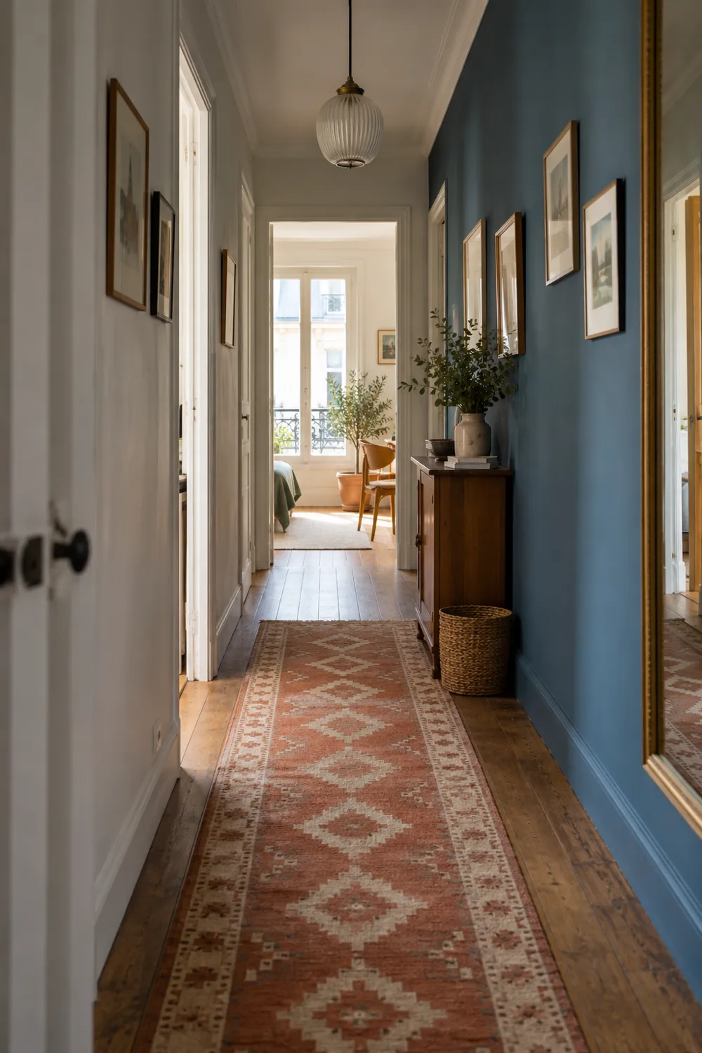 Tapis géométrique terracotta dans un couloir étroit bleu et blanc