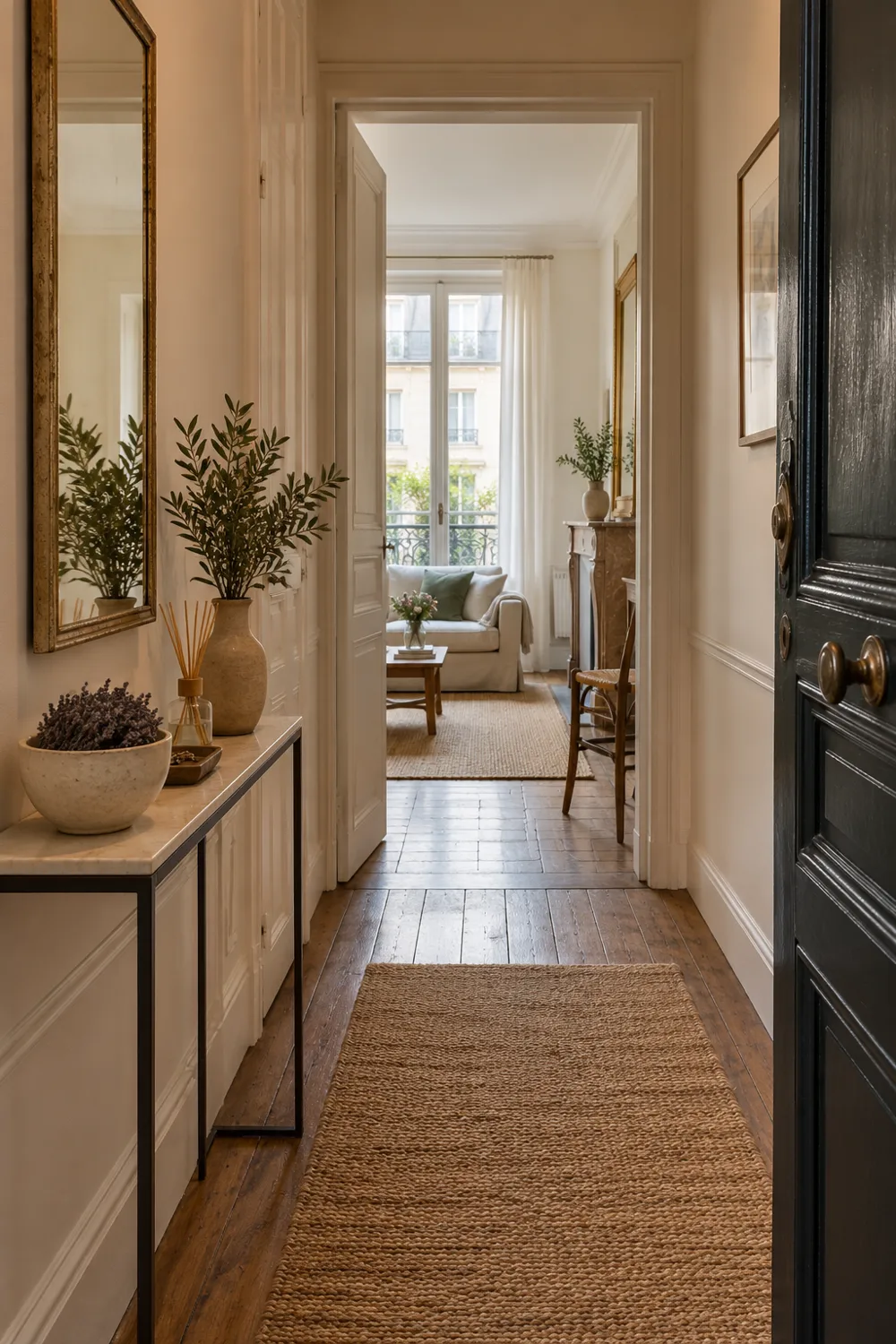 Fleurs séchées et diffuseur discret sur une console de couloir