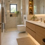 Salle de bains compacte avec meuble suspendu et rangements intégrés