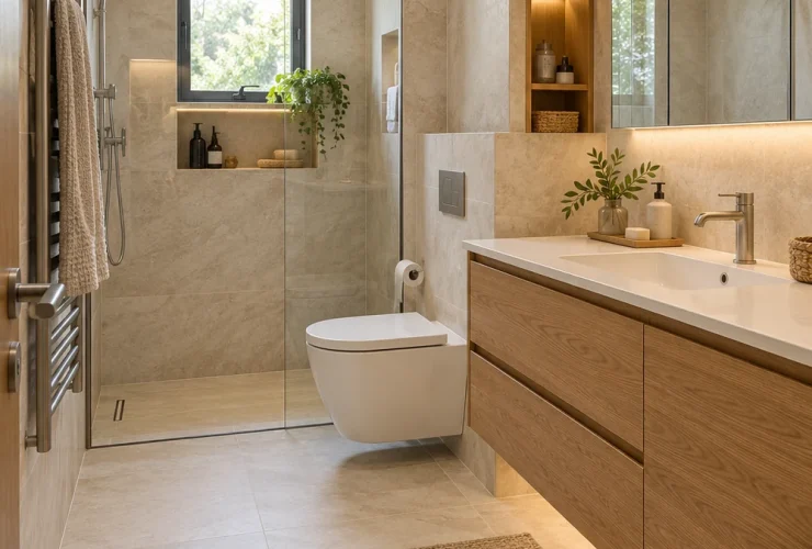 Salle de bains compacte avec meuble suspendu et rangements intégrés