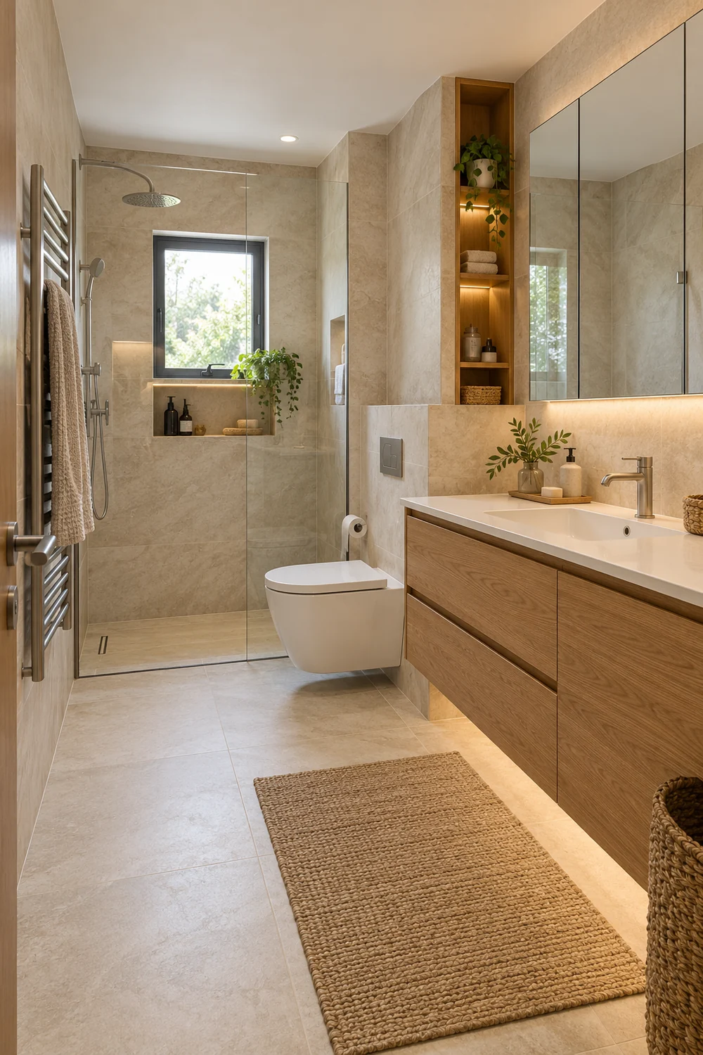 Salle de bains compacte avec meuble suspendu et rangements intégrés