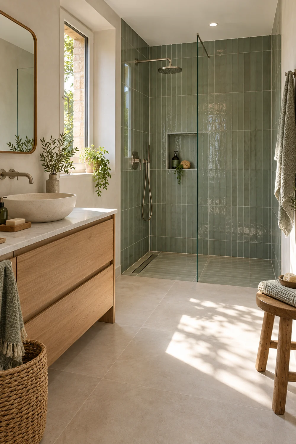 Douche à l’italienne de plain-pied avec carrelage vert sauge