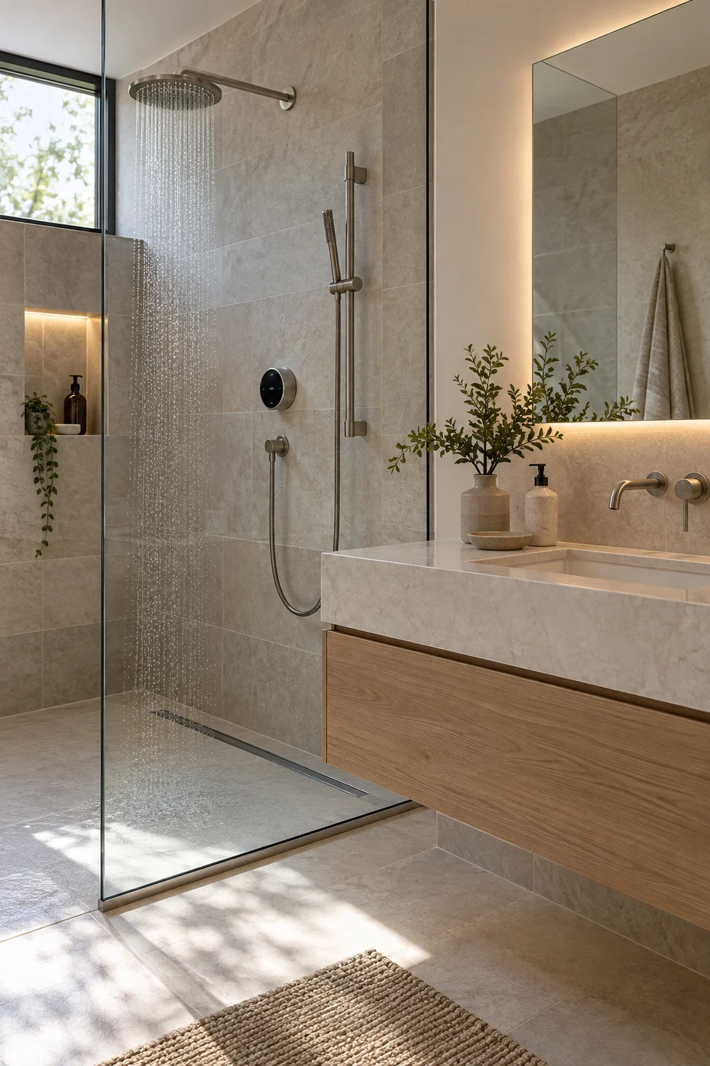 Douche avec commande de température numérique et miroir éclairé