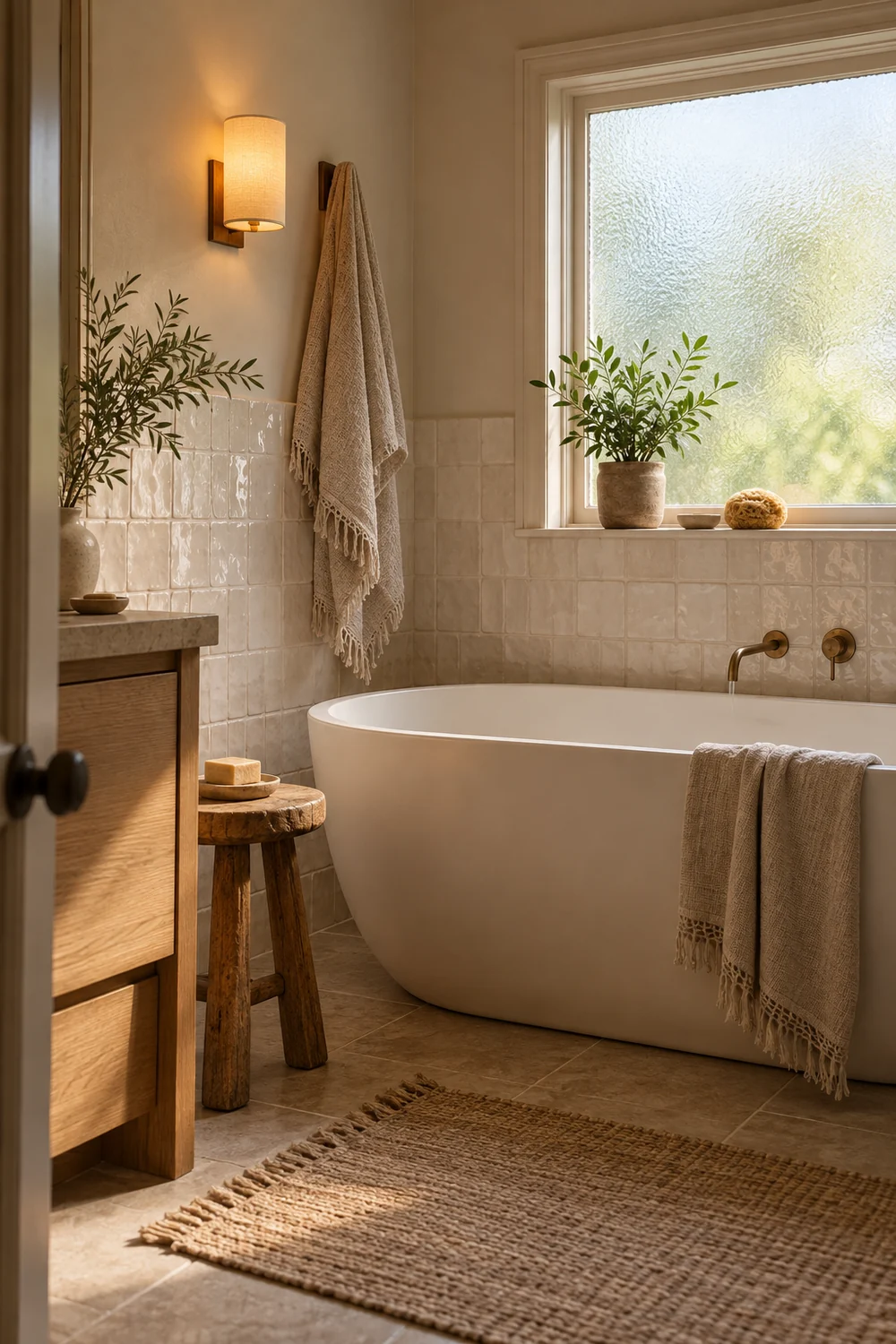 Salle de bains apaisante avec baignoire et éclairage doux