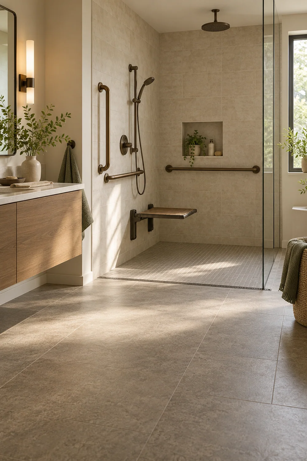 Douche accessible de plain-pied avec barres d’appui et siège