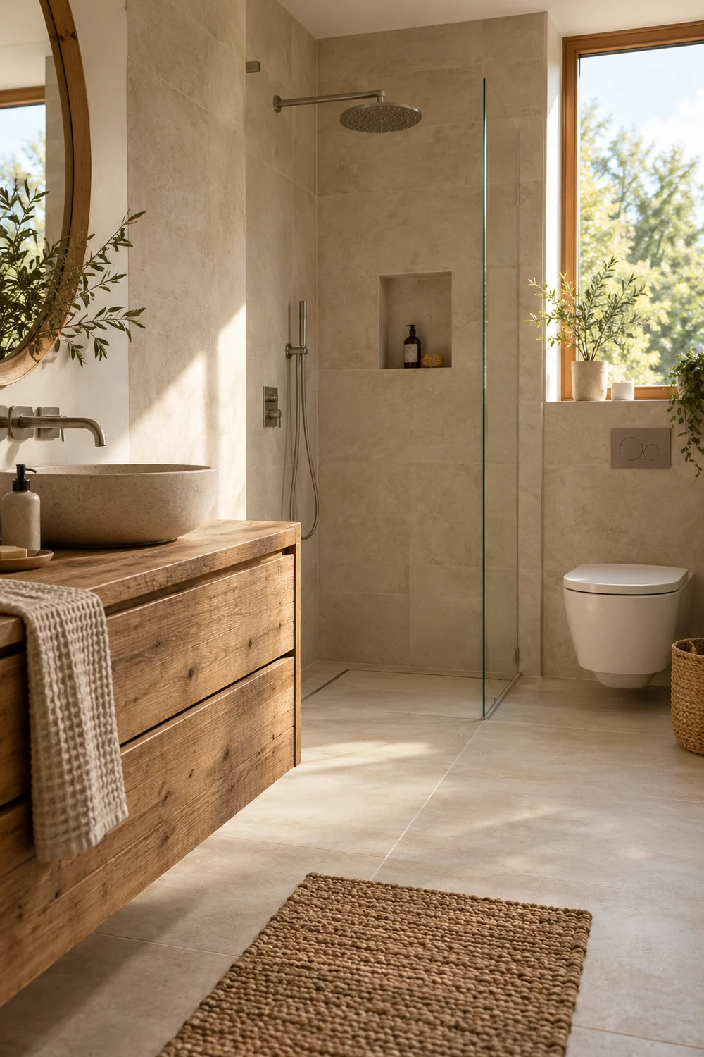 Salle de bains durable avec douche et toilettes à double chasse