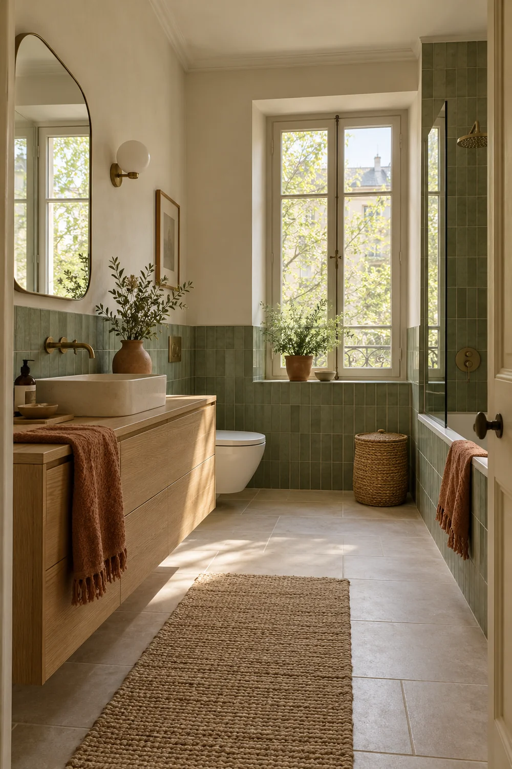 Salle de bains aux murs blanc cassé, carrelage vert sauge et meuble en bois clair