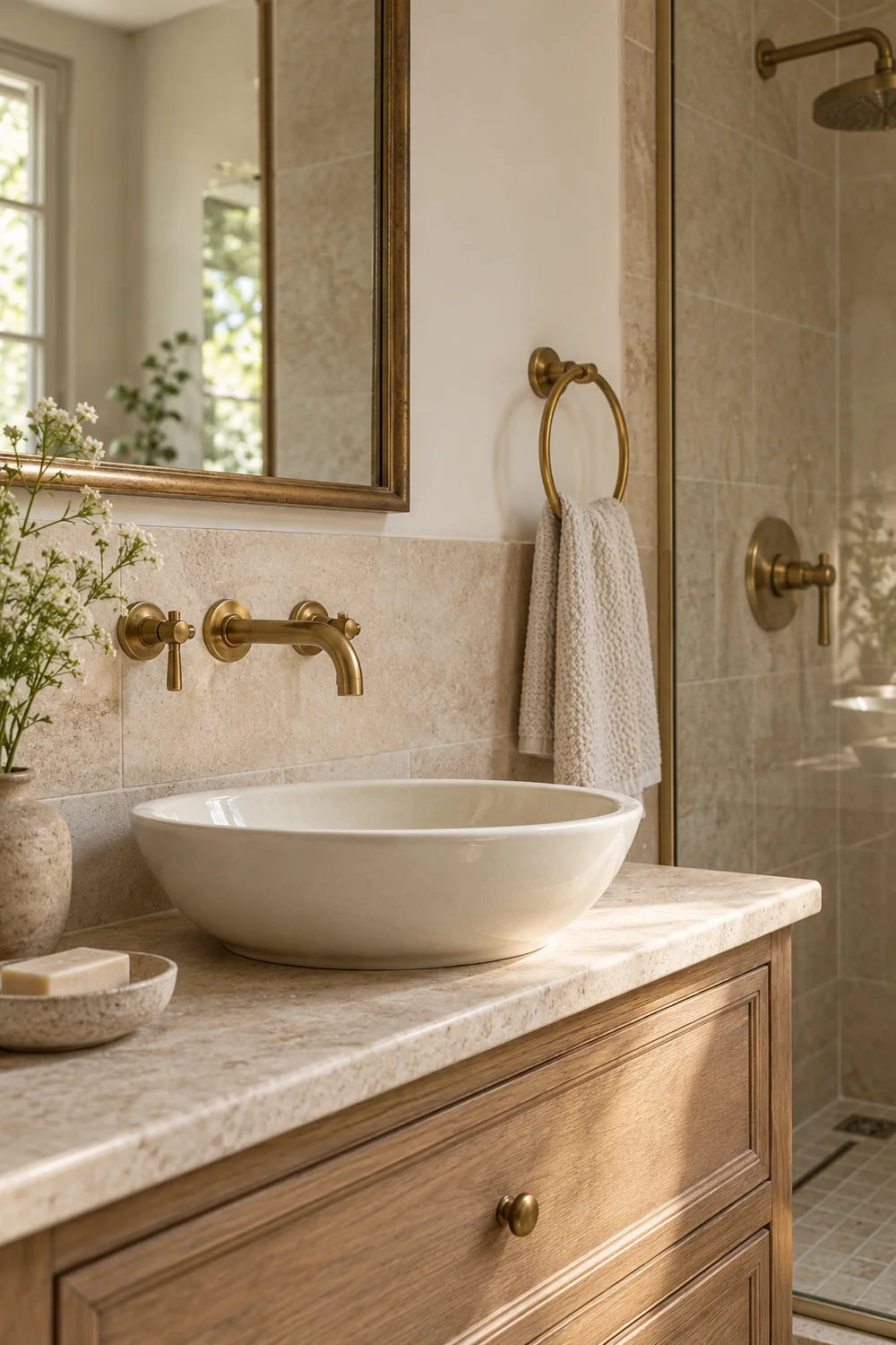 Robinetterie et accessoires en laiton brossé assortis dans une salle de bains