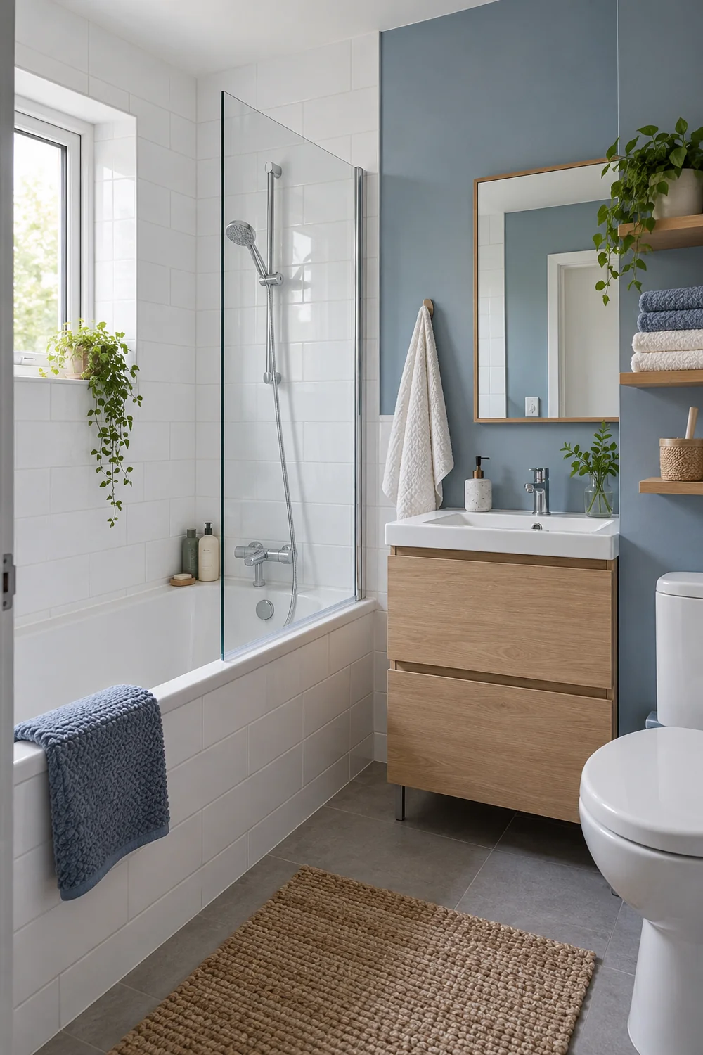 Salle de bains compacte rénovée avec baignoire conservée, meuble simple et mur bleu