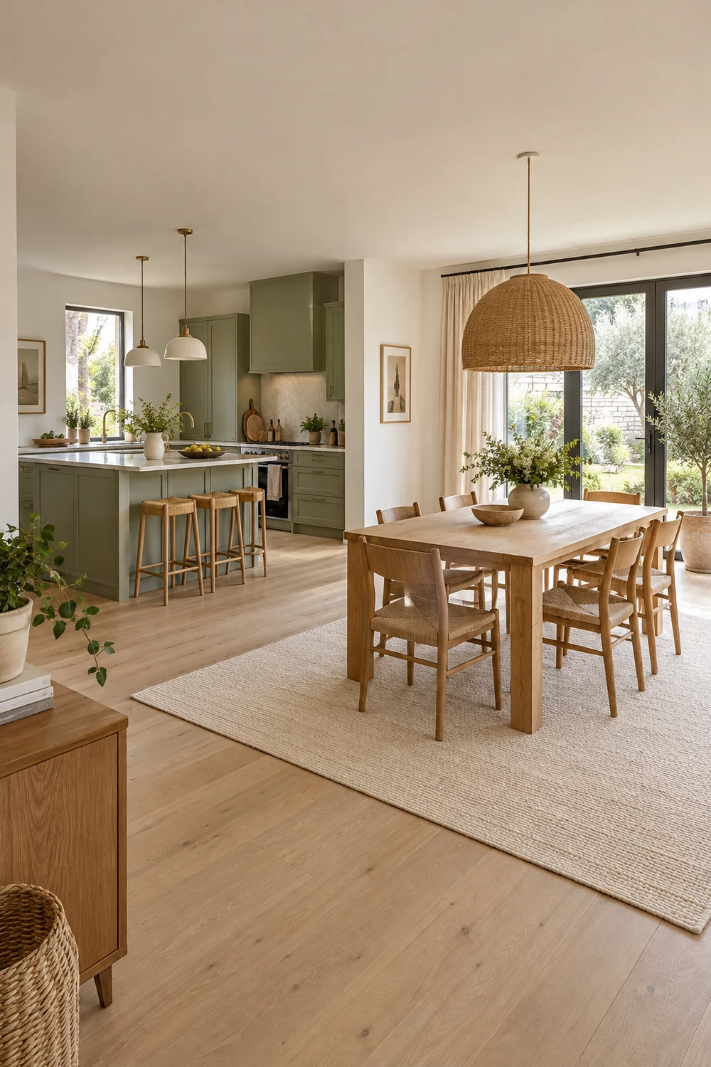 Grand tapis clair délimitant une table à manger dans une pièce ouverte