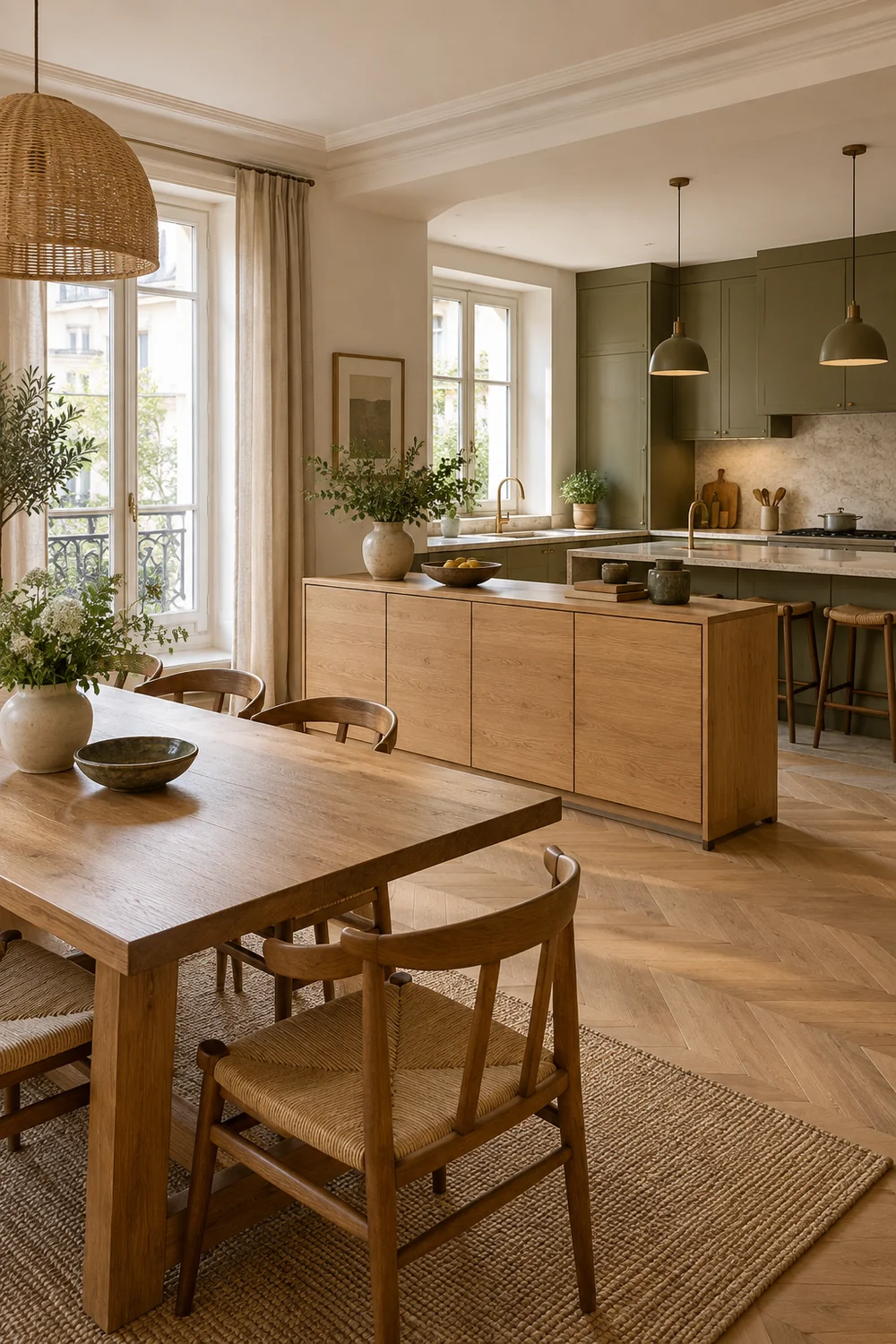 Buffet bas en chêne séparant visuellement une cuisine et une salle à manger