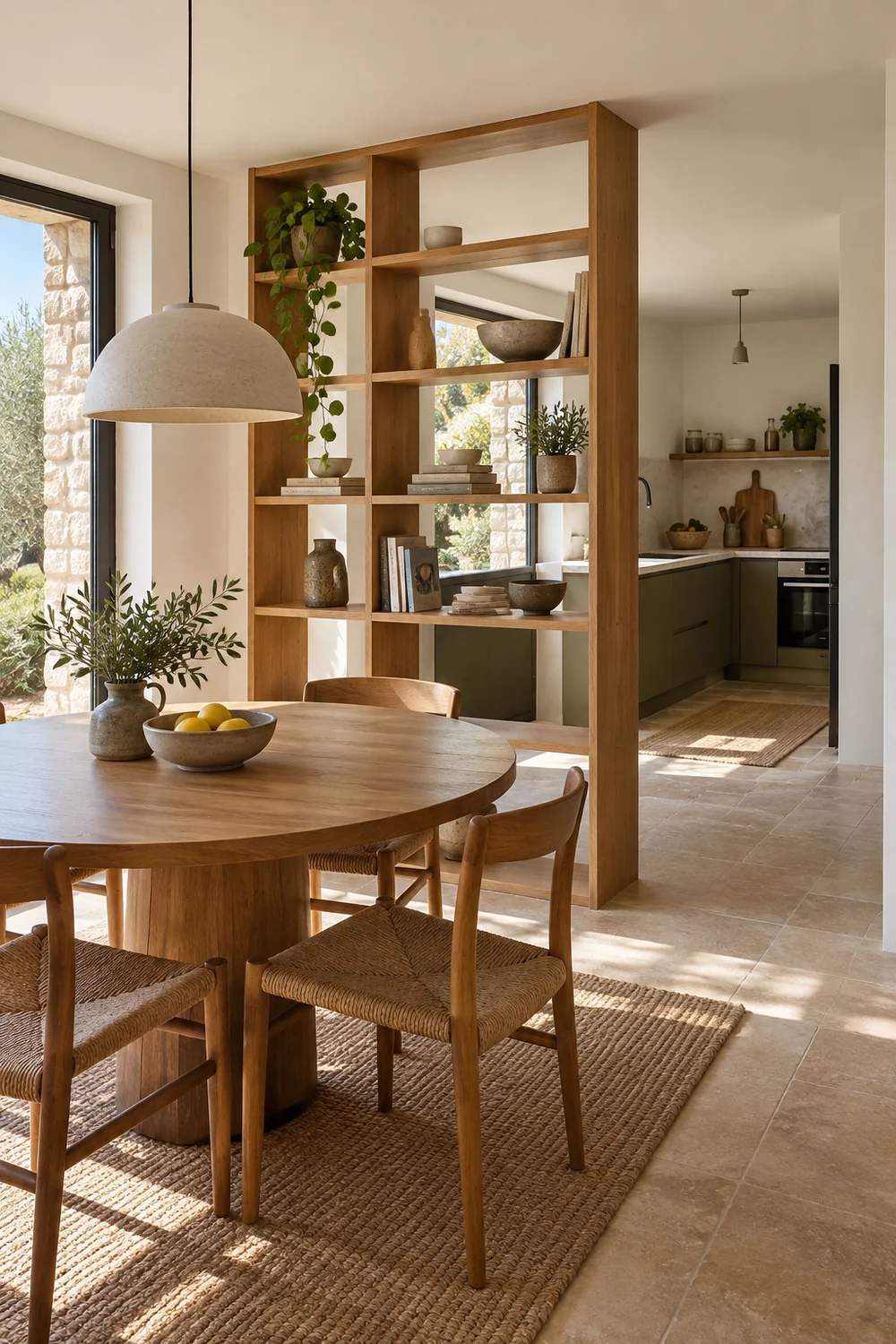 Étagère ouverte en bois entre une cuisine et un coin repas lumineux