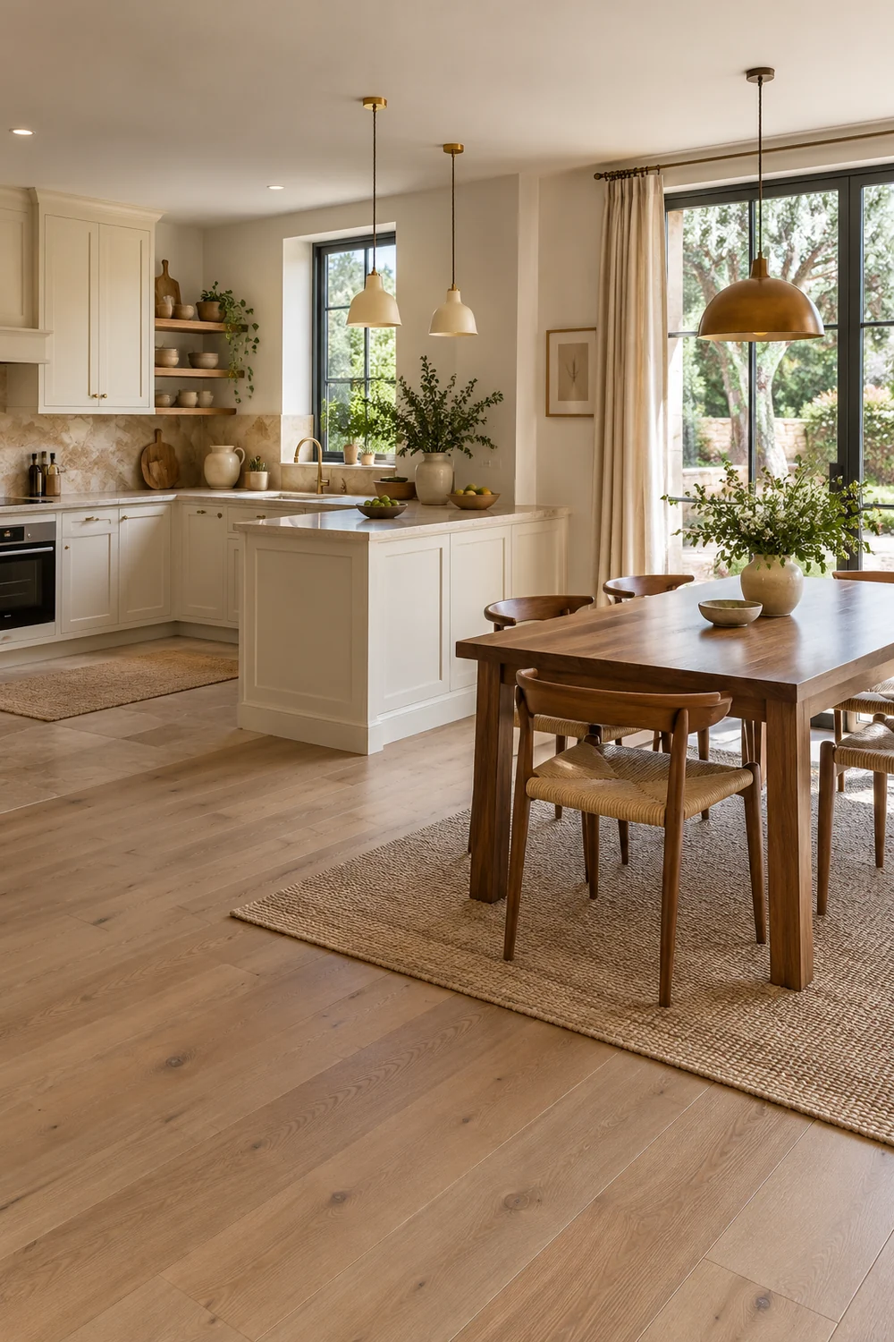 Petite péninsule de cuisine blanche délimitant un espace repas avec table en bois