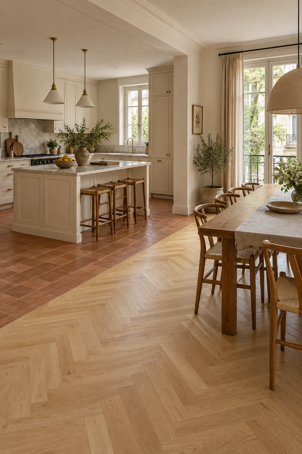 Transition de plain-pied entre carrelage en terre cuite de la cuisine et parquet du coin repas