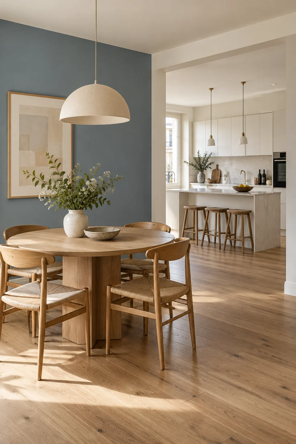 Mur bleu grisé délimitant le coin repas à côté d’une cuisine blanche