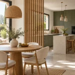 Claustra partiel à lames de bois entre une cuisine ouverte et une table ronde
