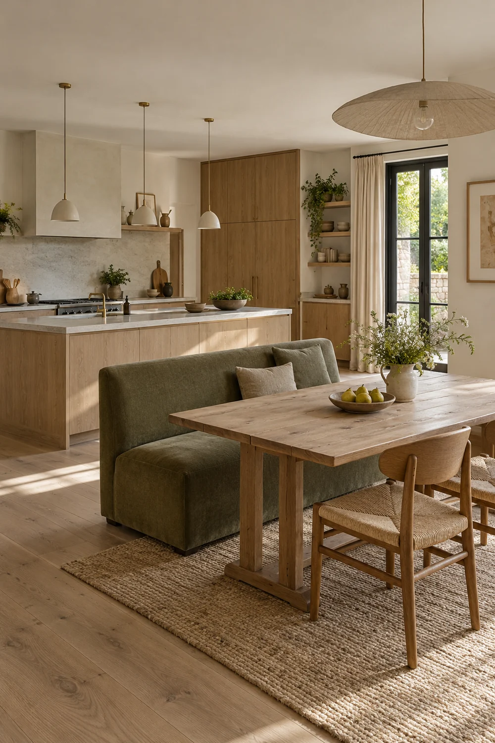 Banquette de repas à dossier bas tournée vers la table et dos à la cuisine