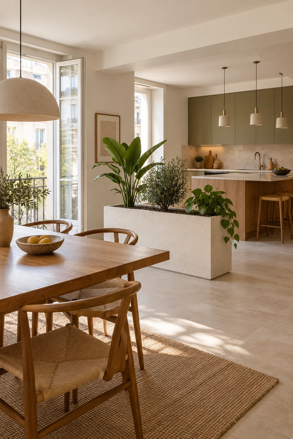 Jardinière basse avec plantes d’intérieur séparant légèrement cuisine et salle à manger